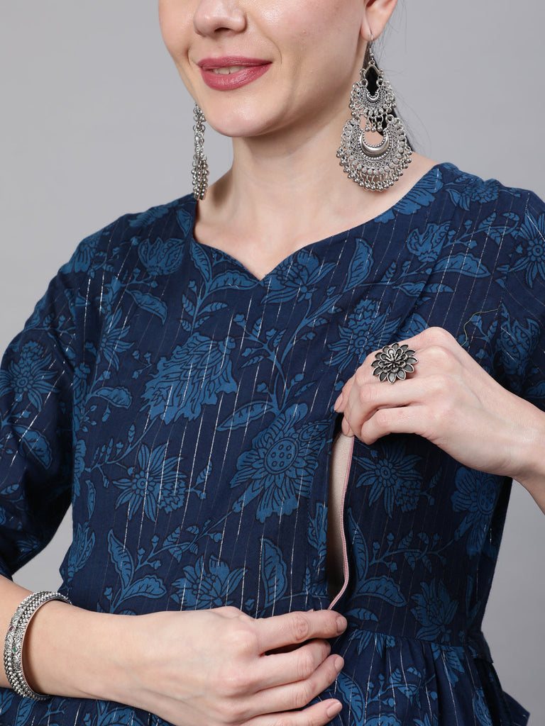 Women's Navy Blue Ethinc Printed Flared Maternity Dress