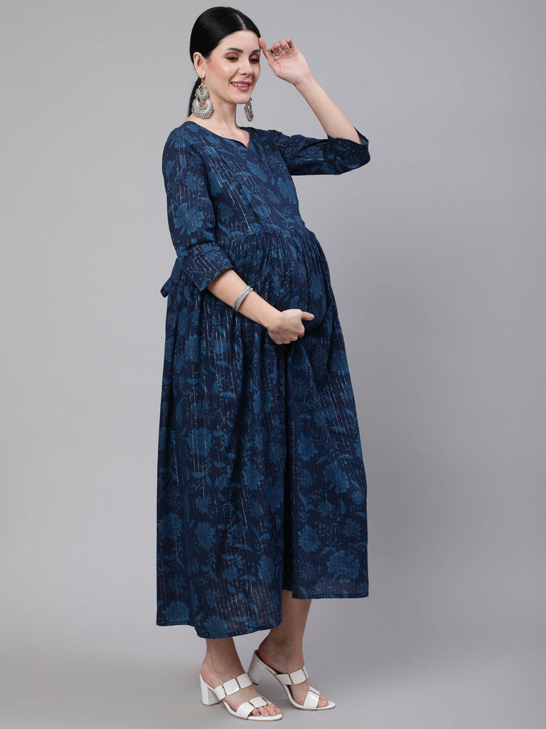 Women's Navy Blue Ethinc Printed Flared Maternity Dress