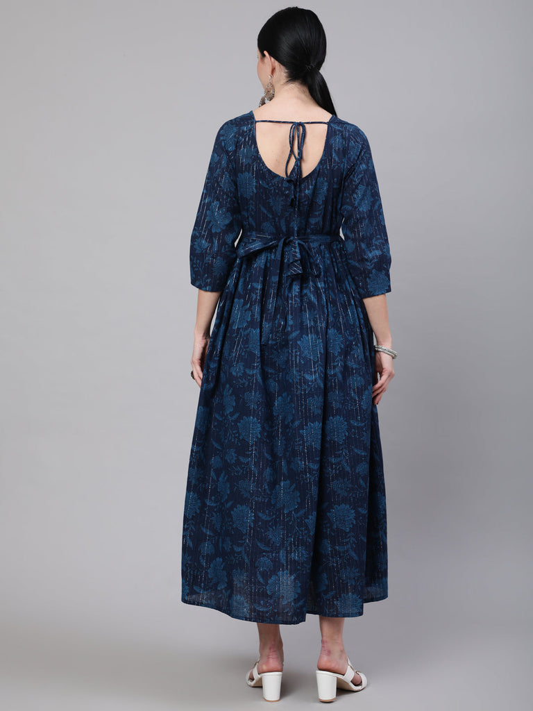 Women's Navy Blue Ethinc Printed Flared Maternity Dress