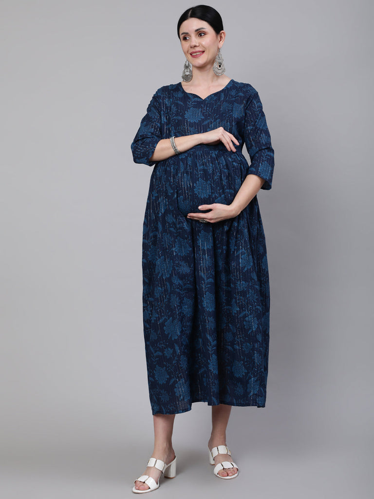 Women's Navy Blue Ethinc Printed Flared Maternity Dress