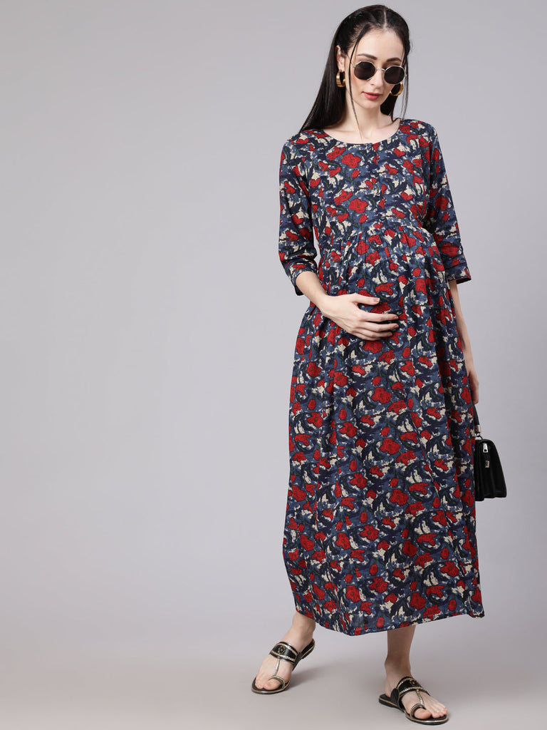 Women's Multi Ethnic Printed Flared Maternity Dress