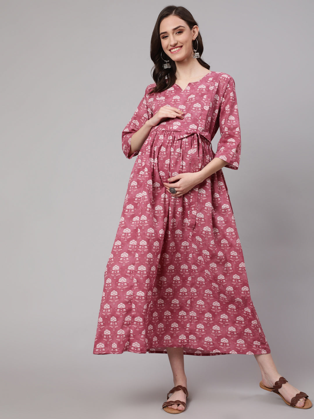 Women's Pink Floral Printed Flared Maternity Dress - Nayo Clothing