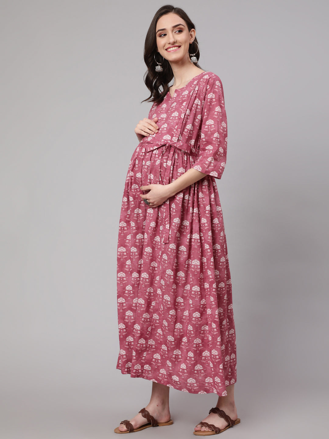 Women's Pink Floral Printed Flared Maternity Dress - Nayo Clothing