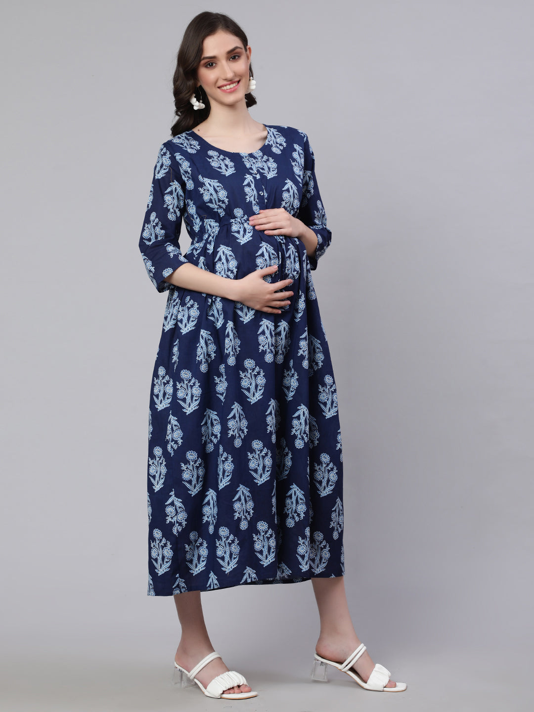 Women's Blue Printed Flared Maternity Dress - Nayo Clothing