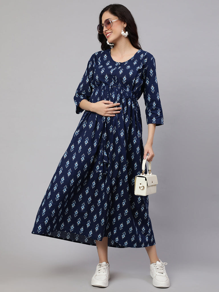Women's Blue Floral Printed Flared Maternity Dress