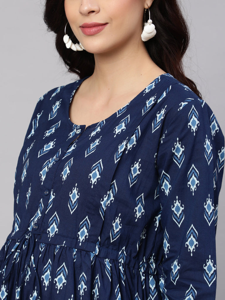 Women's Blue Floral Printed Flared Maternity Dress