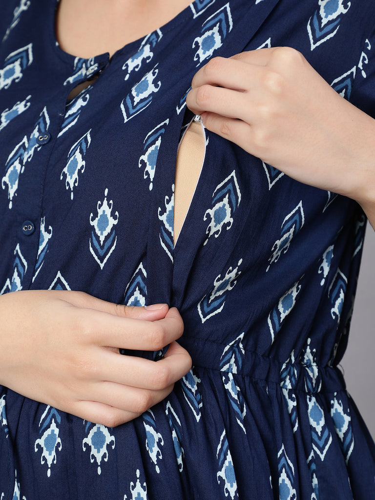 Women's Blue Floral Printed Flared Maternity Dress