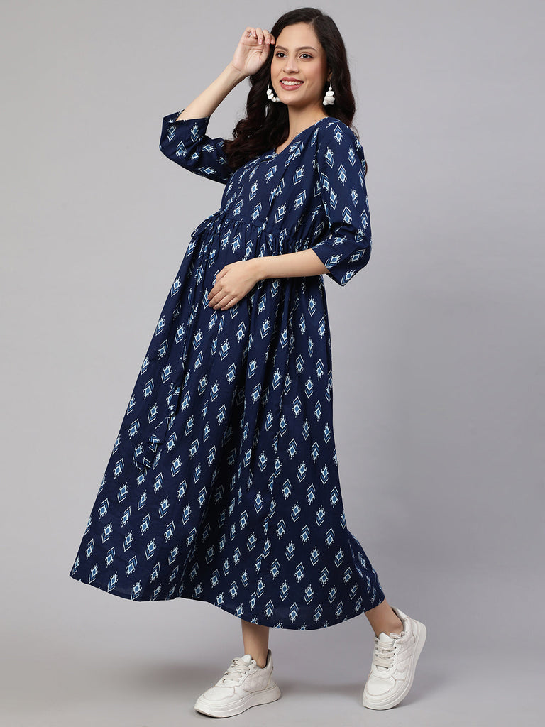 Women's Blue Floral Printed Flared Maternity Dress