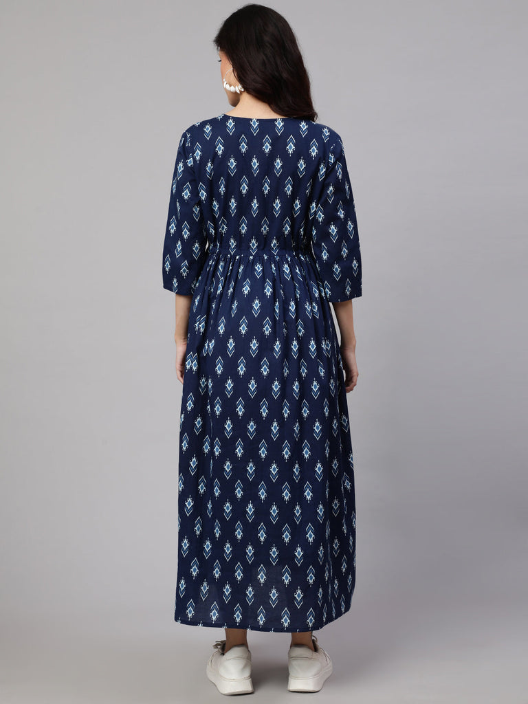 Women's Blue Floral Printed Flared Maternity Dress