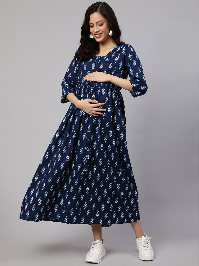 Women's Blue Floral Printed Flared Maternity Dress