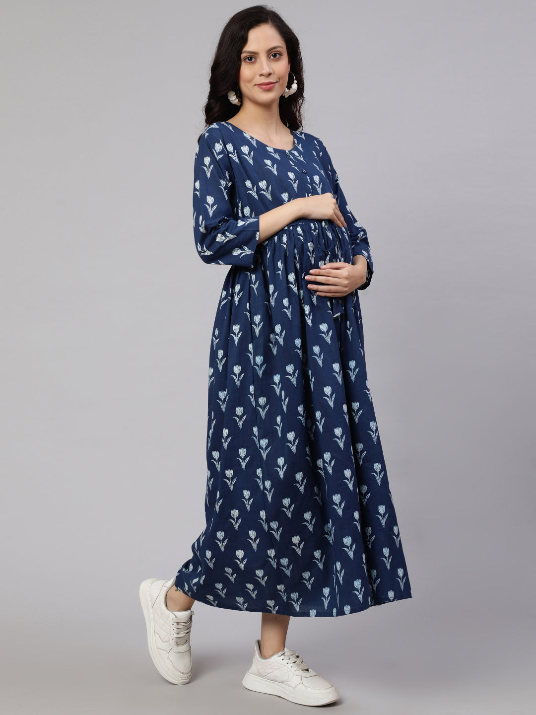 Women's Blue Floral Printed Flared Maternity Dress - Nayo Clothing