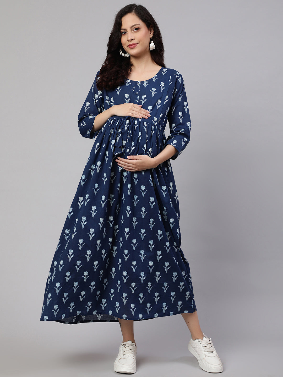 Women's Blue Floral Printed Flared Maternity Dress - Nayo Clothing