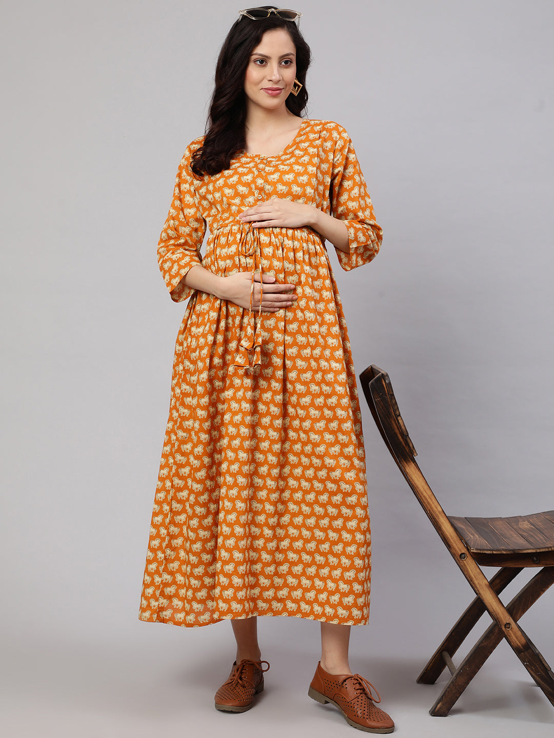Women's Yellow Ethnic Printed Flared Maternity Dress - Nayo Clothing