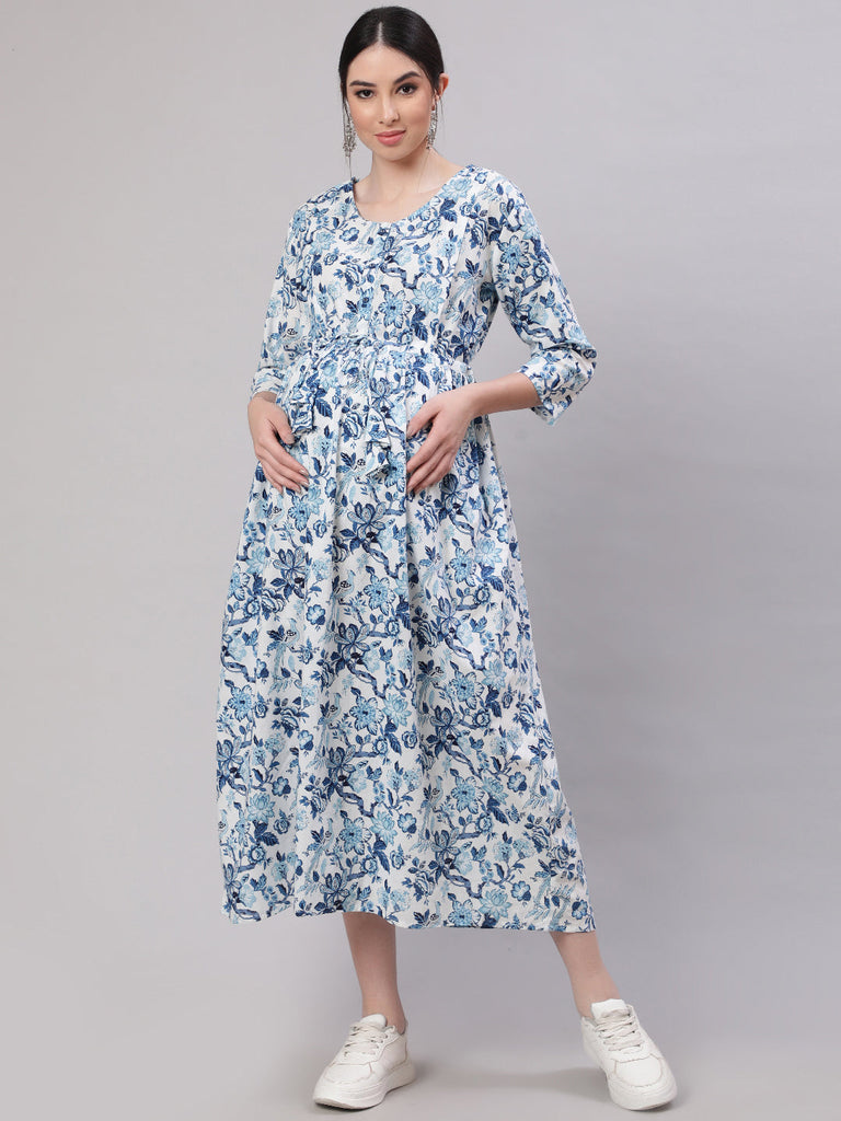 Women's Off White & Blue Floral Printed Maternity Dress With Three Quarter Sleeves