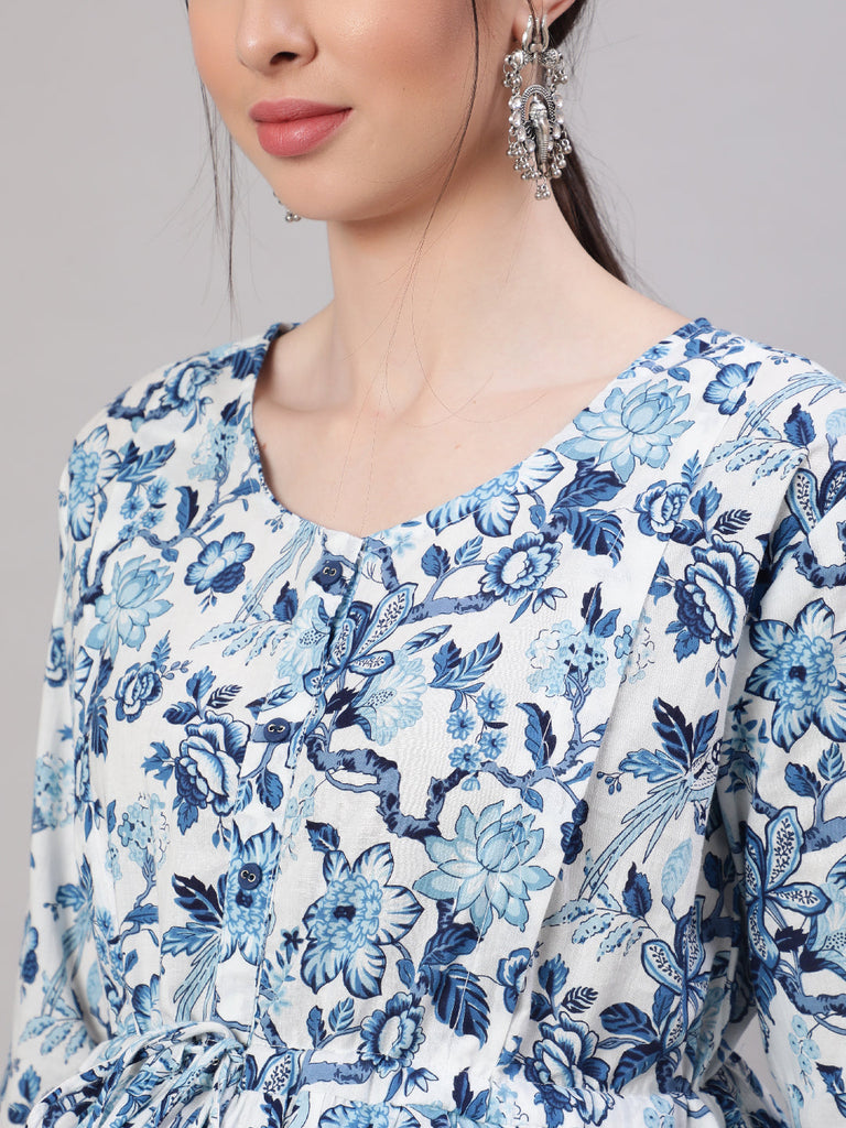 Women's Off White & Blue Floral Printed Maternity Dress With Three Quarter Sleeves