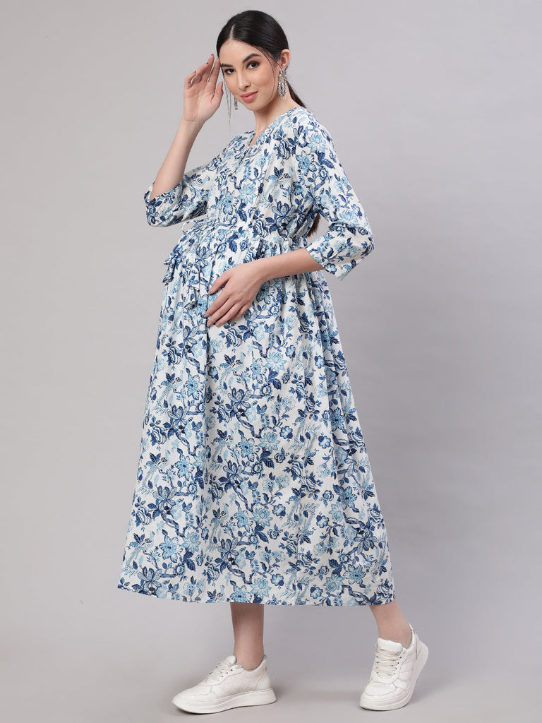 Women's Off White & Blue Floral Printed Maternity Dress With Three Quarter Sleeves