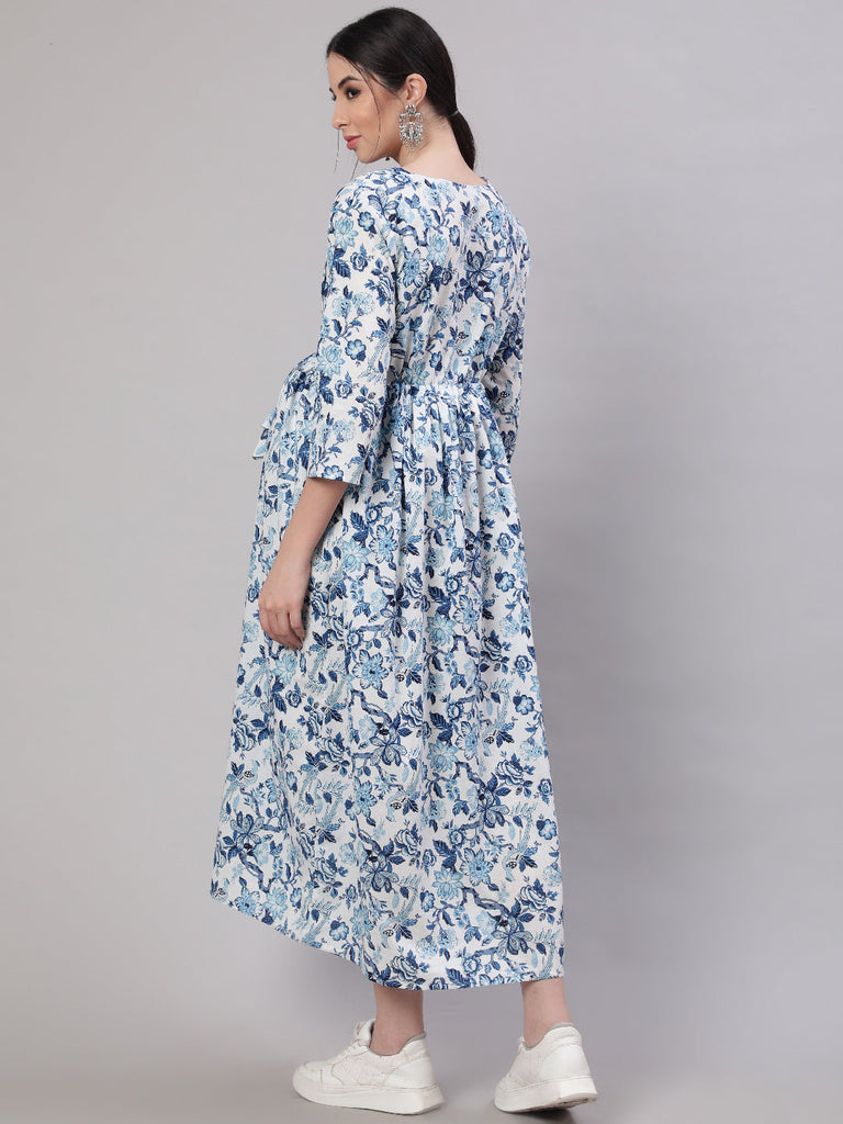 Women's Off White & Blue Floral Printed Maternity Dress With Three Quarter Sleeves