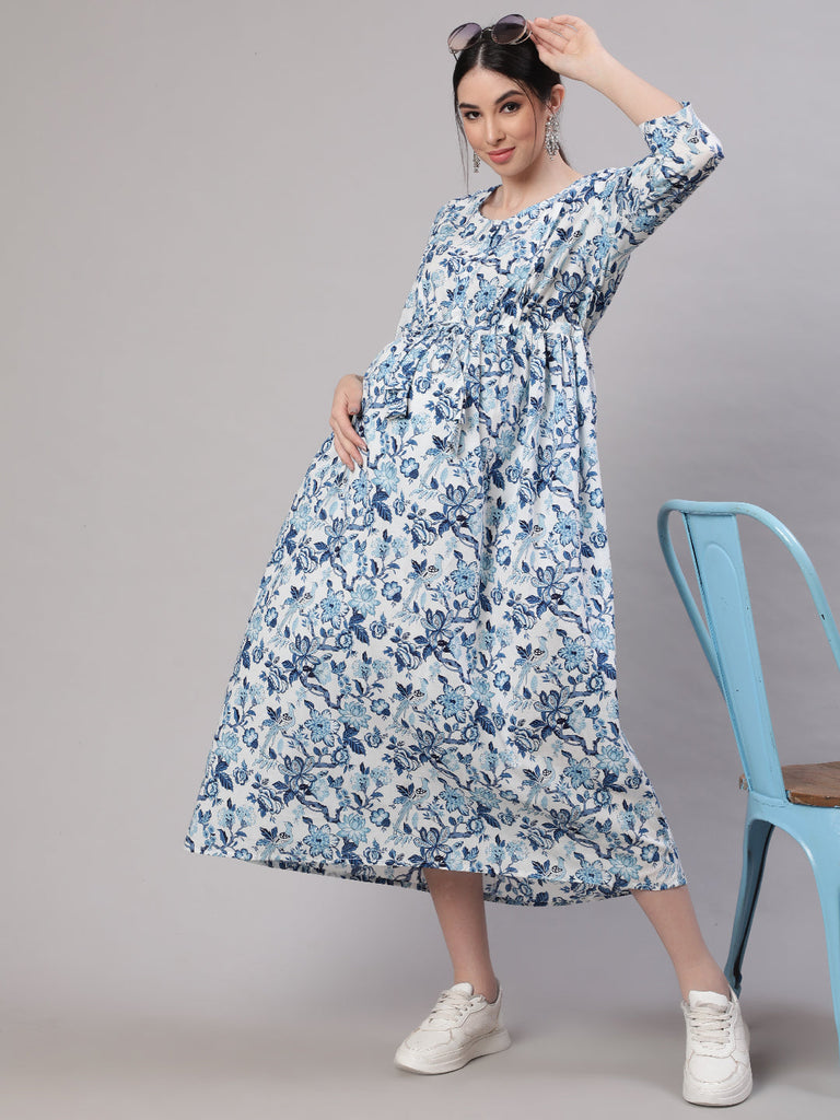 Women's Off White & Blue Floral Printed Maternity Dress With Three Quarter Sleeves