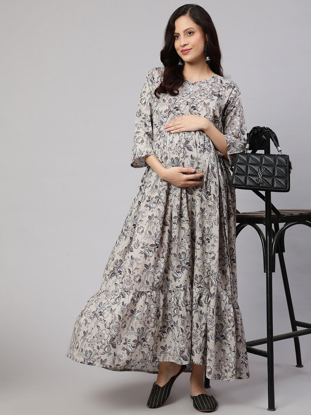 Women's Grey Printed Flared Maternity Dress - Nayo Clothing