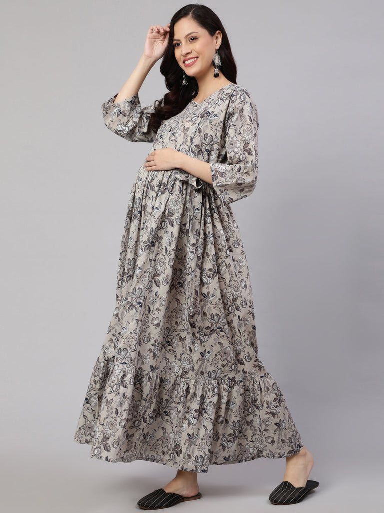 Women's Grey Printed Flared Maternity Dress
