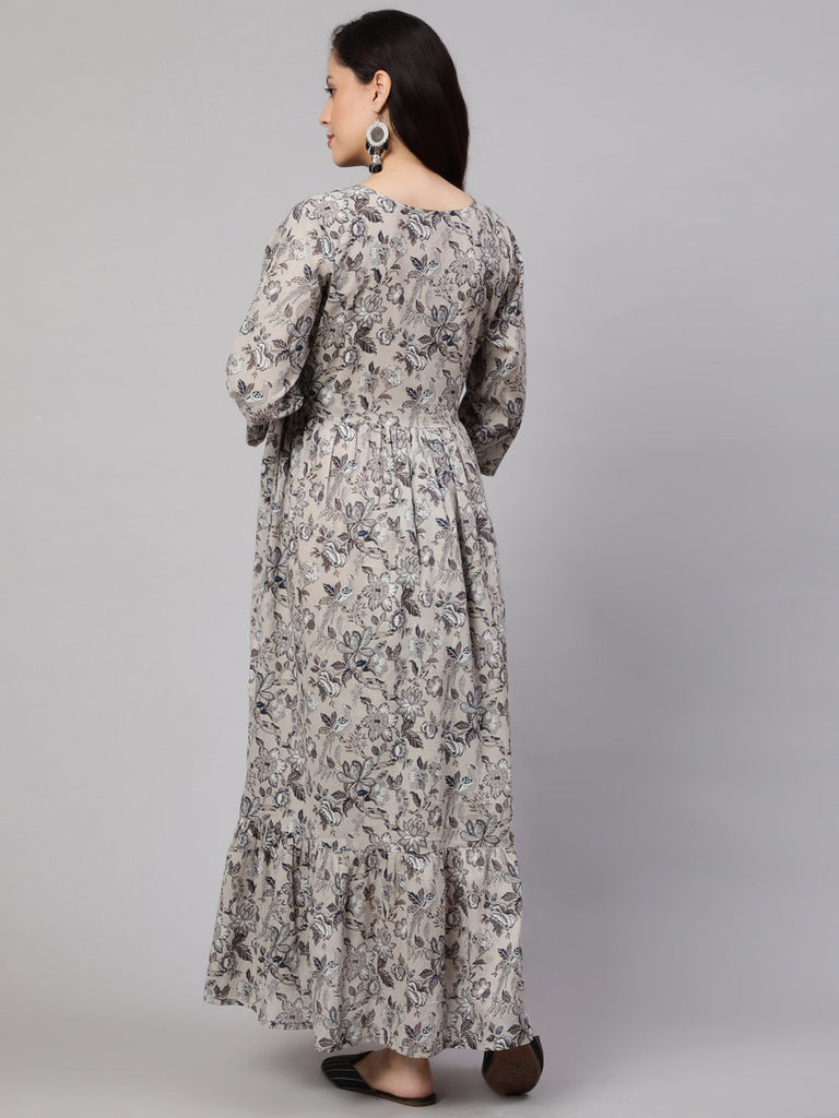 Women's Grey Printed Flared Maternity Dress