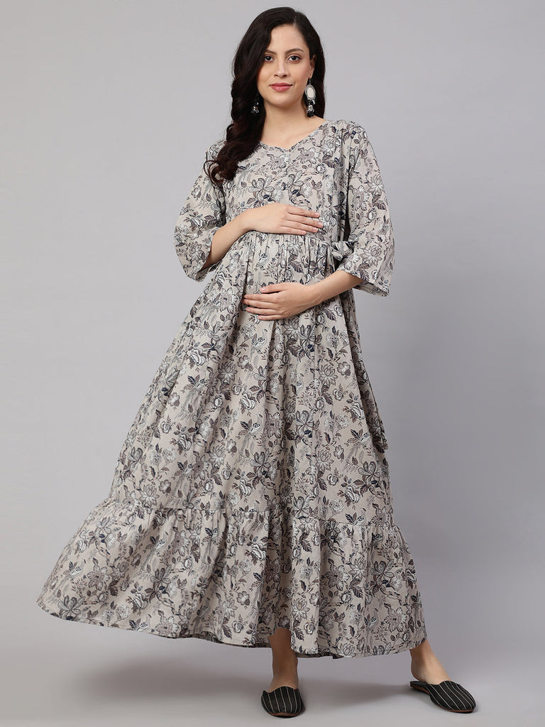 Women's Grey Printed Flared Maternity Dress