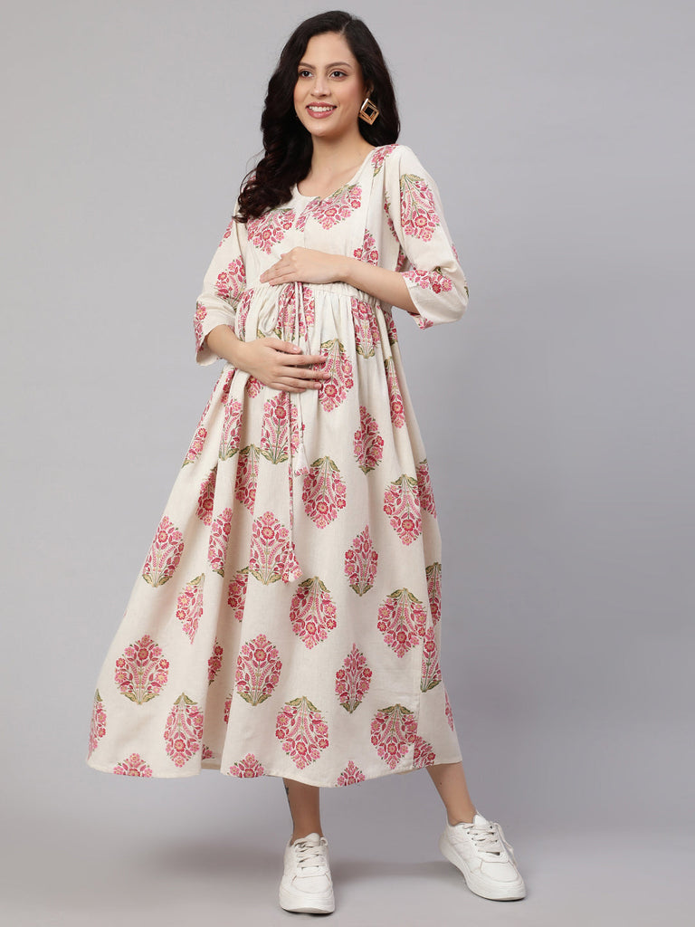 Women's Off White & Blue Floral Printed Maternity Dress With Three Quarter Sleeves