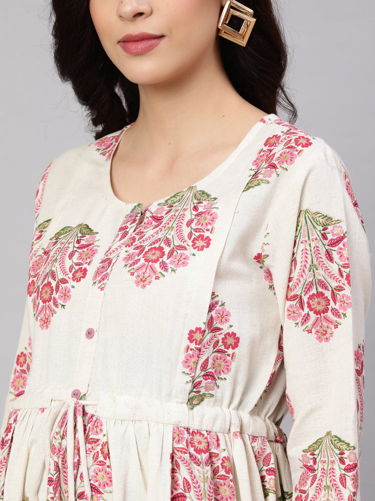 Women's Off White & Blue Floral Printed Maternity Dress With Three Quarter Sleeves