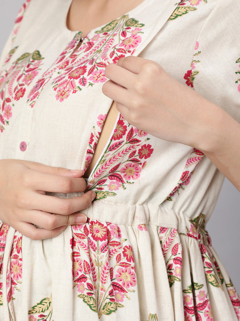 Women's Off White & Blue Floral Printed Maternity Dress With Three Quarter Sleeves