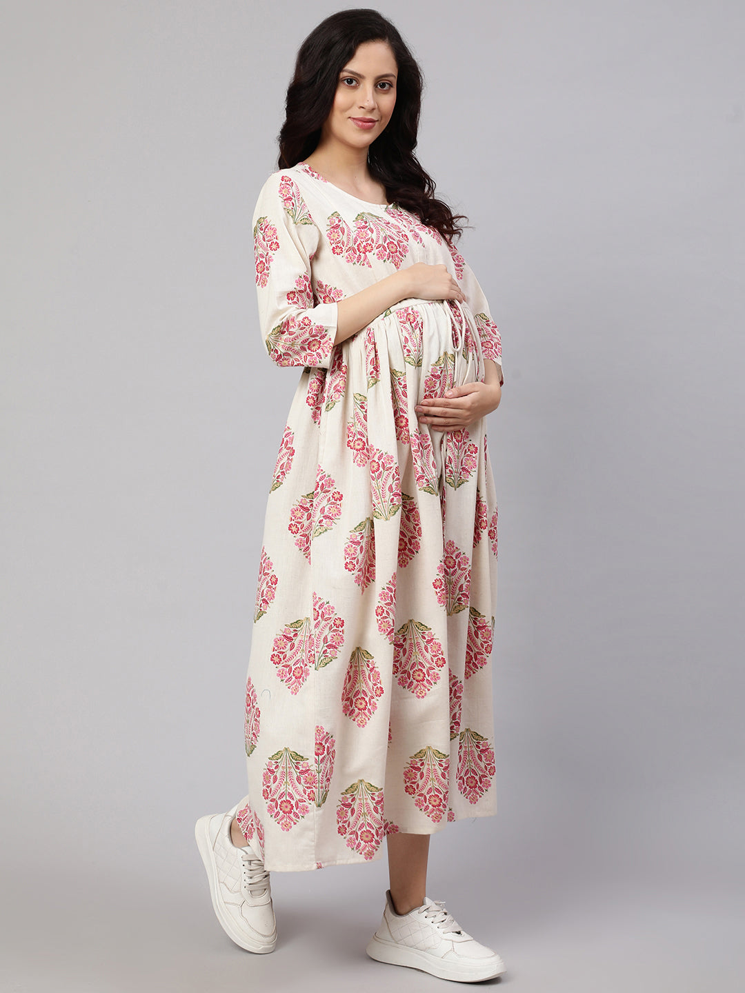 Women's Off White & Blue Floral Printed Maternity Dress With Three Quarter Sleeves - Nayo Clothing