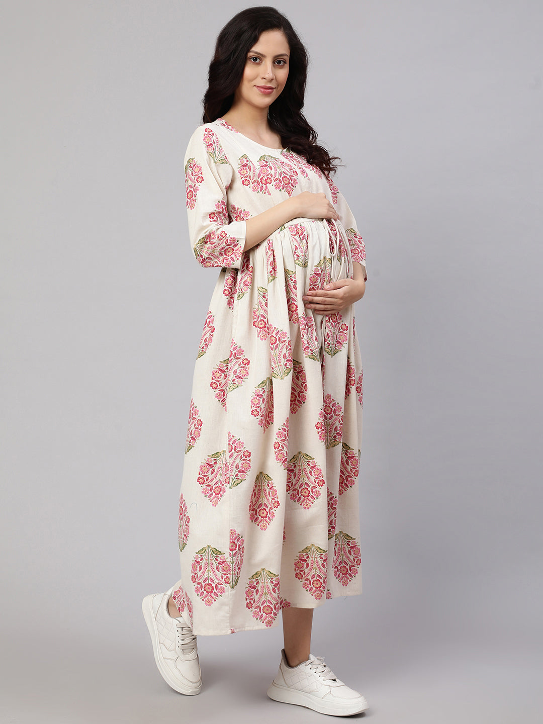 Women's Off White & Blue Floral Printed Maternity Dress with Three Quarter Sleeves L | Trendia Global Women's Off White & Blue Floral Printed Maternity Dress with Three Quarter Sleeves L | Trendia Global