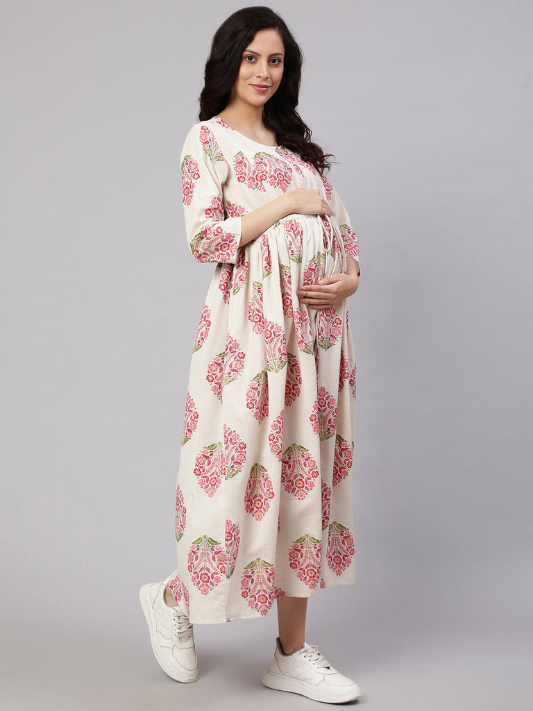 Women's Off White & Blue Floral Printed Maternity Dress With Three Quarter Sleeves