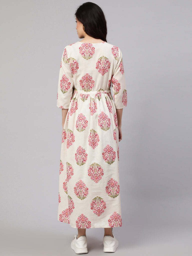 Women's Off White & Blue Floral Printed Maternity Dress With Three Quarter Sleeves