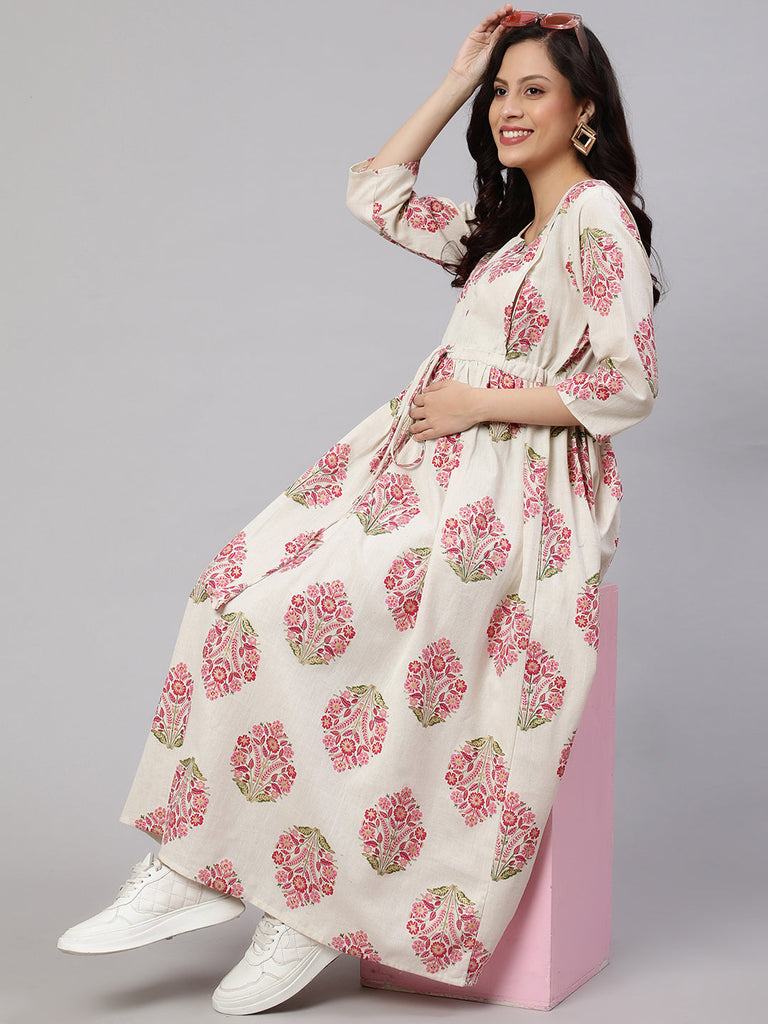 Women's Off White & Blue Floral Printed Maternity Dress With Three Quarter Sleeves
