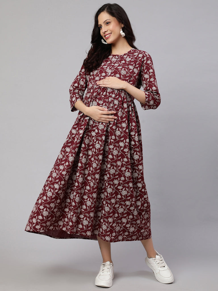 Women's Burgundy Printed Flared Maternity Dress