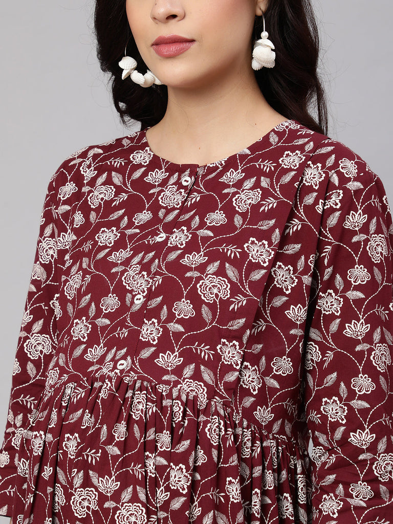 Women's Burgundy Printed Flared Maternity Dress