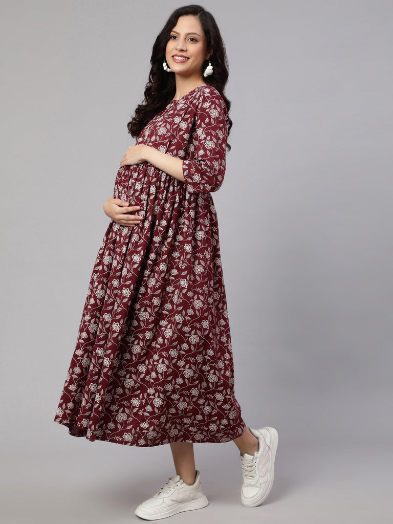 Women's Burgundy Printed Flared Maternity Dress