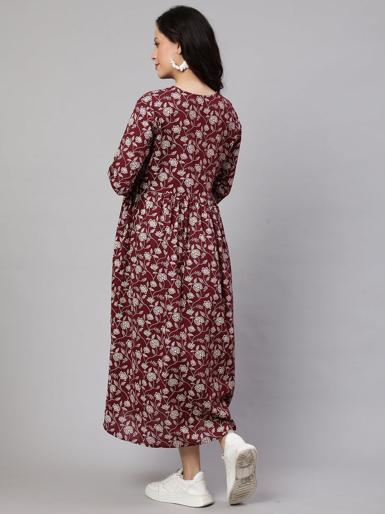 Women's Burgundy Printed Flared Maternity Dress