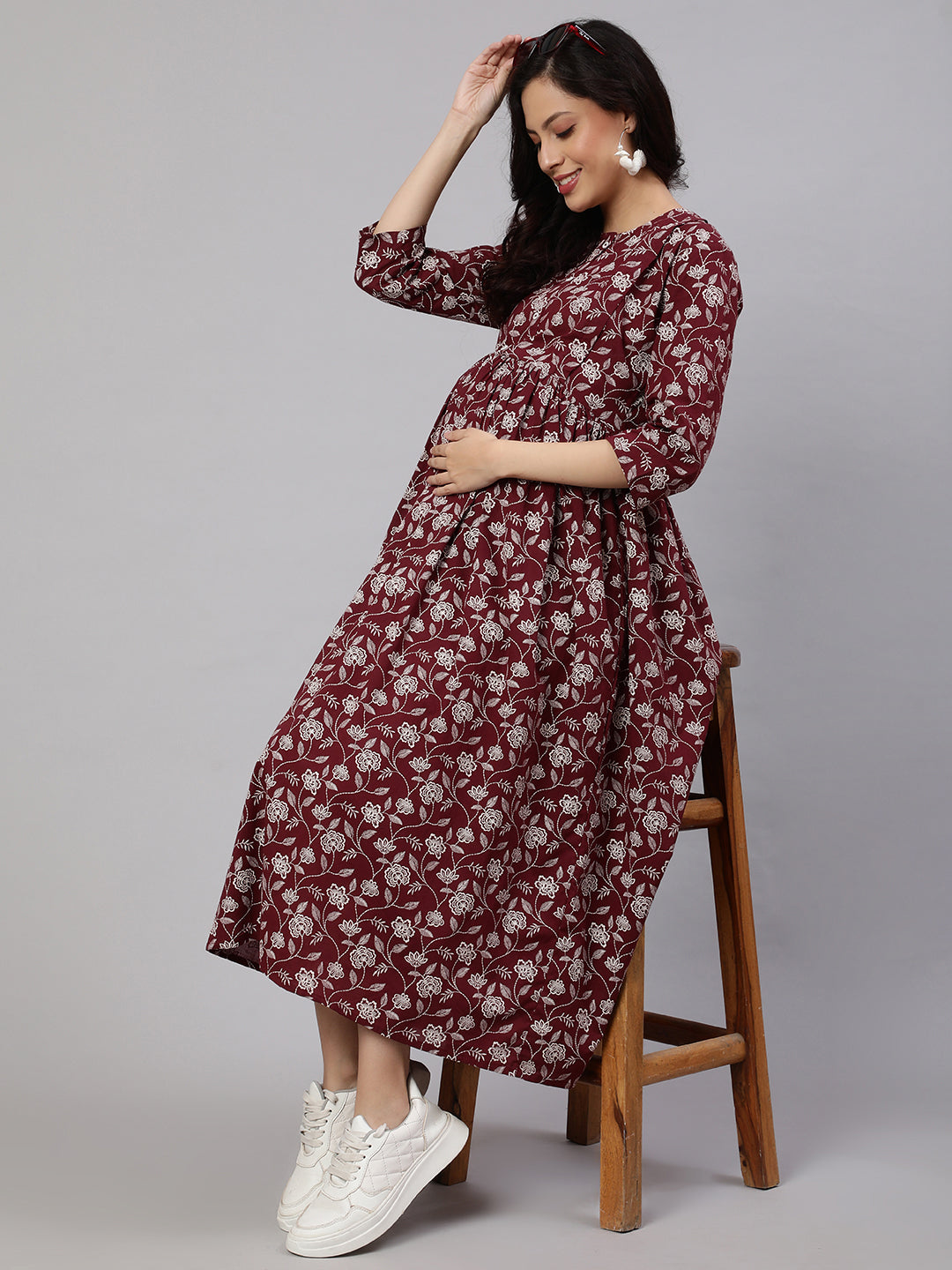 Women's Burgundy Printed Flared Maternity Dress - Nayo Clothing