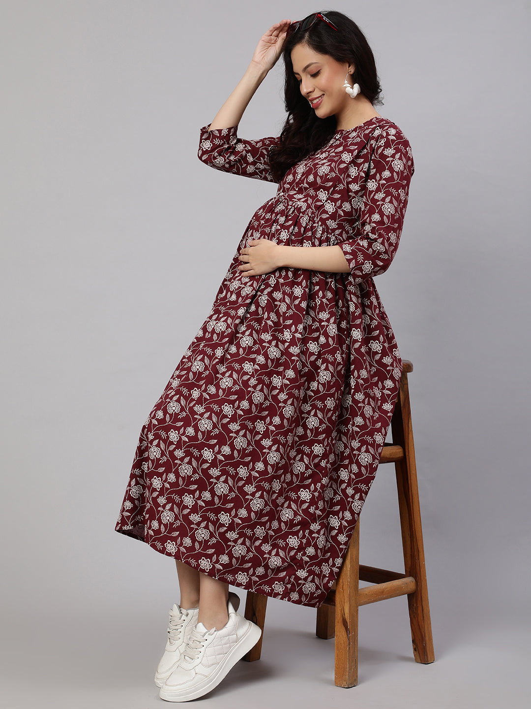 Women's Burgundy Printed Flared Maternity Dress Trendia Women's Burgundy Printed Flared Maternity Dress Trendia