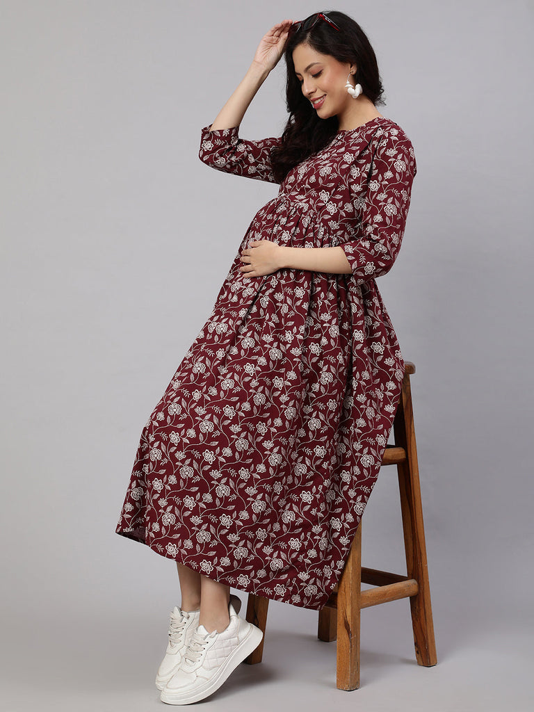 Women's Burgundy Printed Flared Maternity Dress