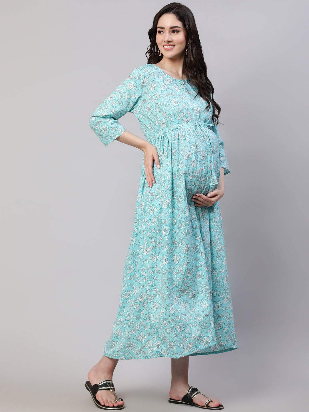 Women's Blue Floral Printed Flared Maternity Dress with Dupatta - Nayo Clothing