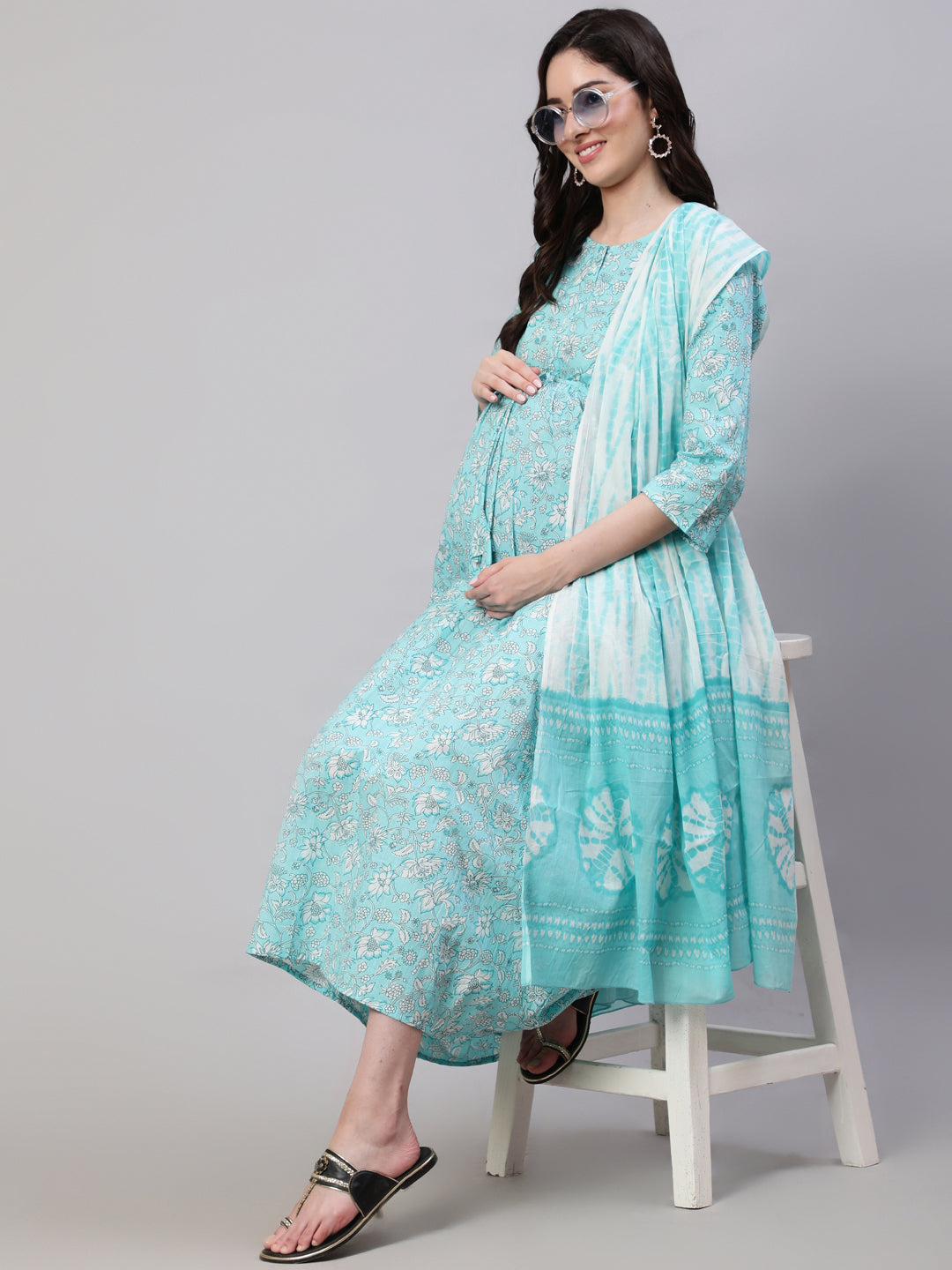 Women's Blue Floral Printed Flared Maternity Dress with Dupatta - Nayo Clothing