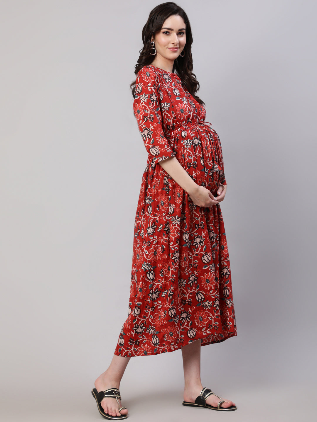 Women's Maroon Printed Flared Maternity Dress With Dupatta - Nayo Clothing