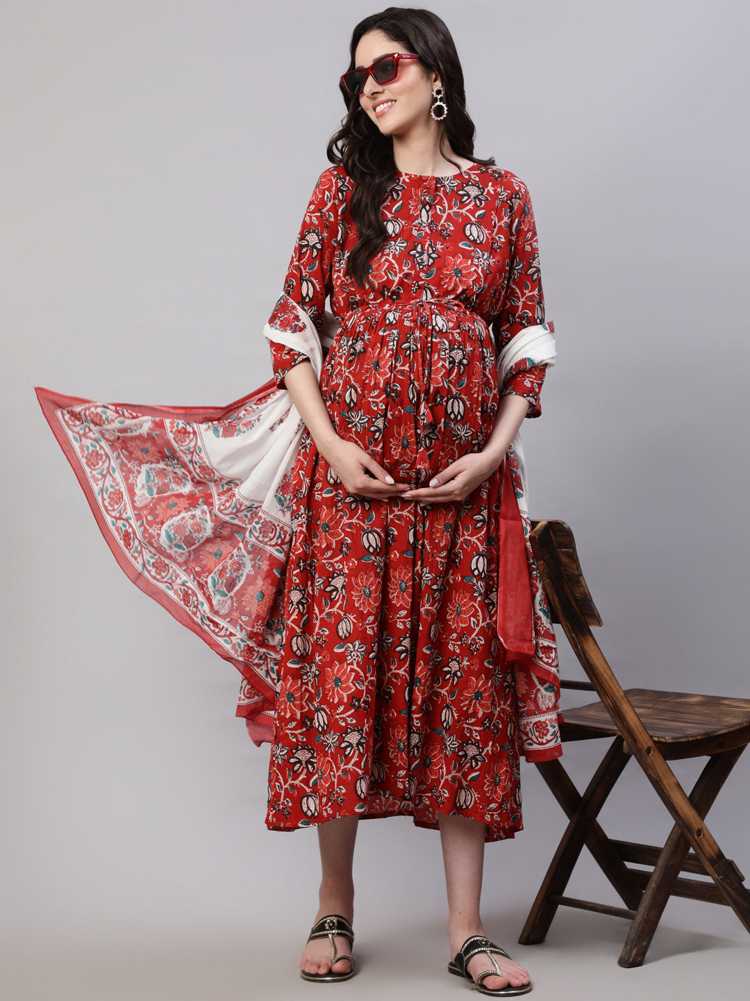Women's Maroon Printed Flared Maternity Dress With Dupatta - Nayo Clothing