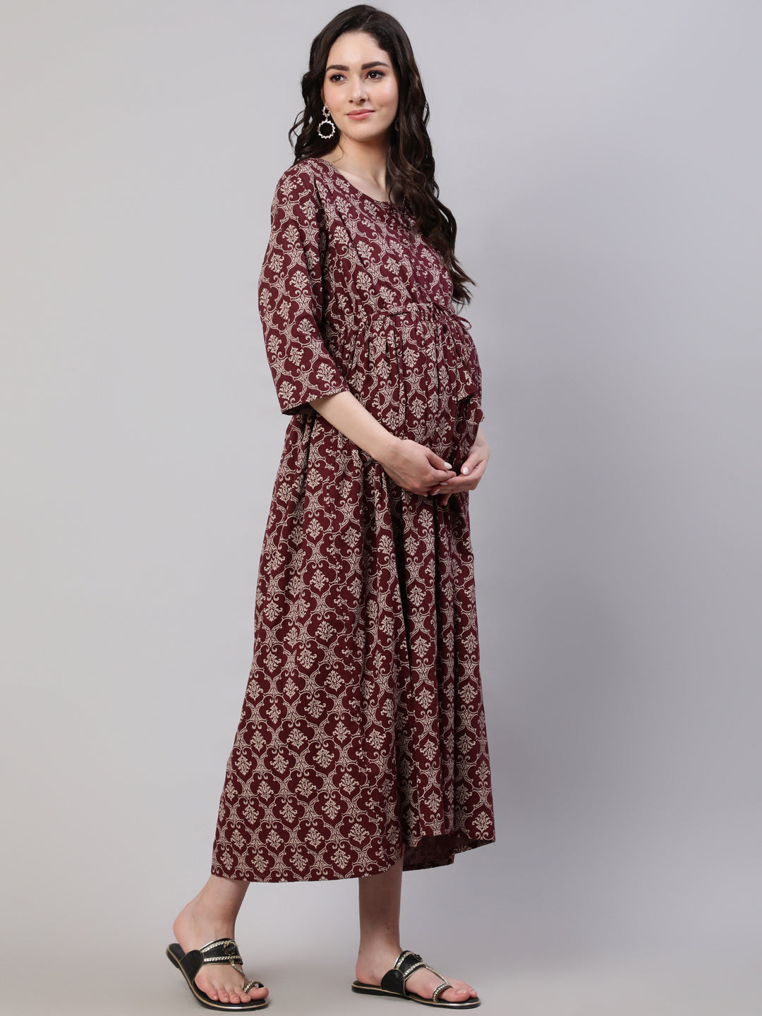 Women's Burgundy Printed Flared Maternity Dress Dupatta - Nayo Clothing