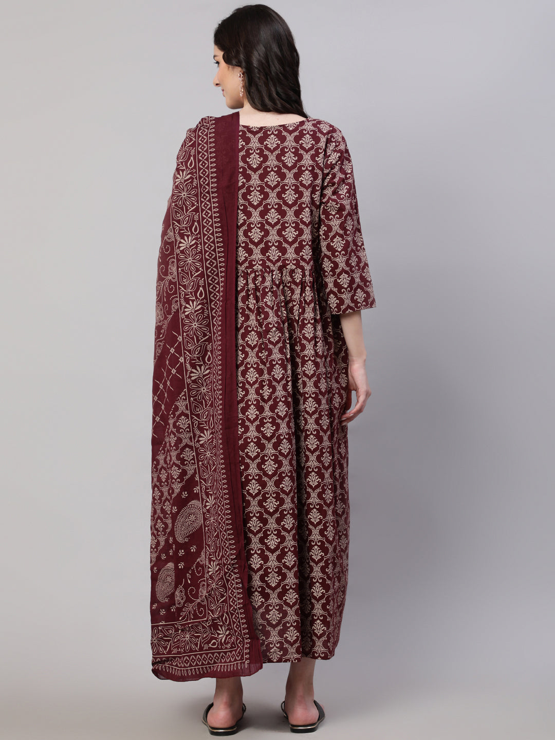 Women's Burgundy Printed Flared Maternity Dress Dupatta - Nayo Clothing