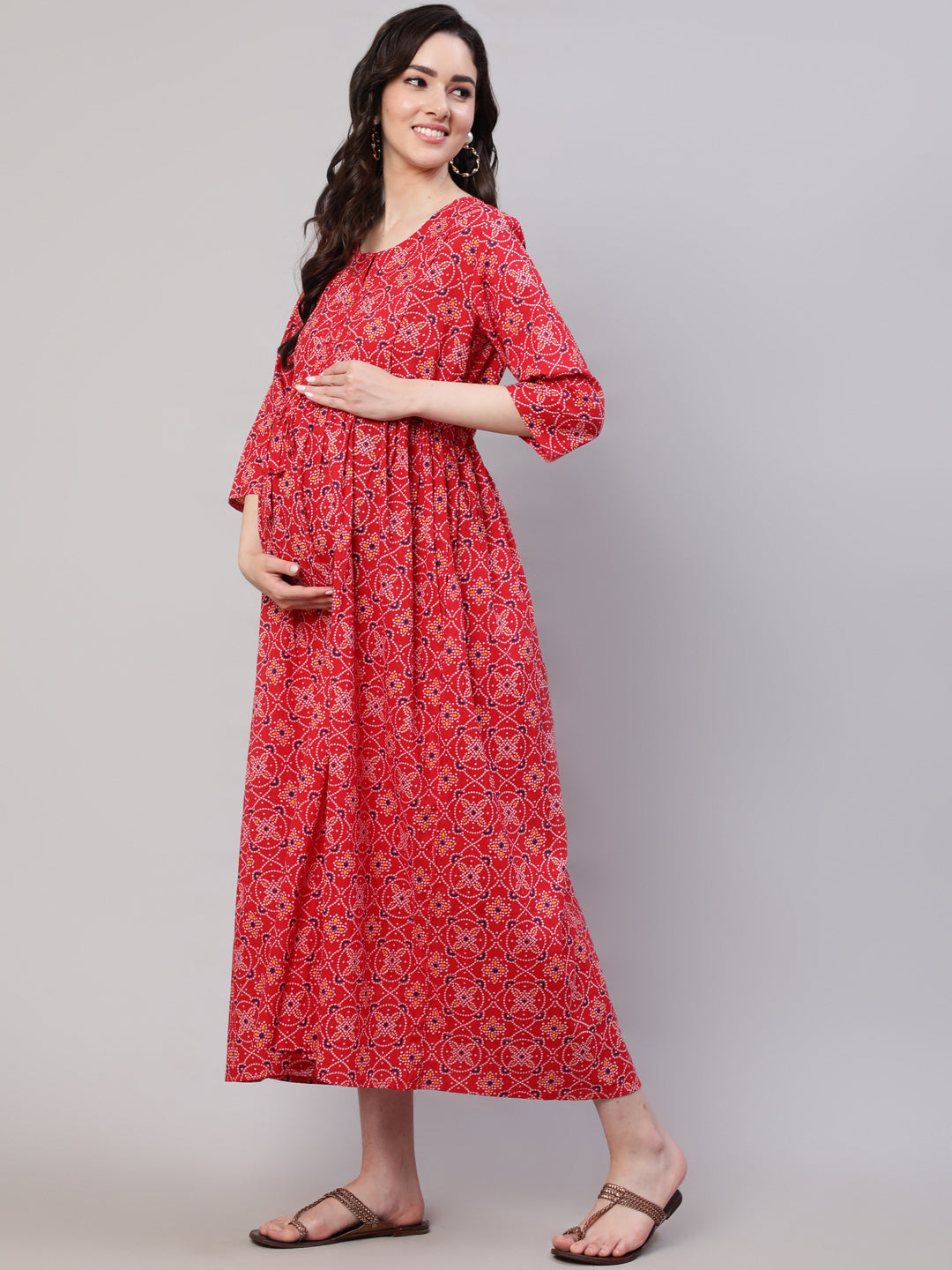 Women's Red Printed Flared Maternity Dress - Nayo Clothing