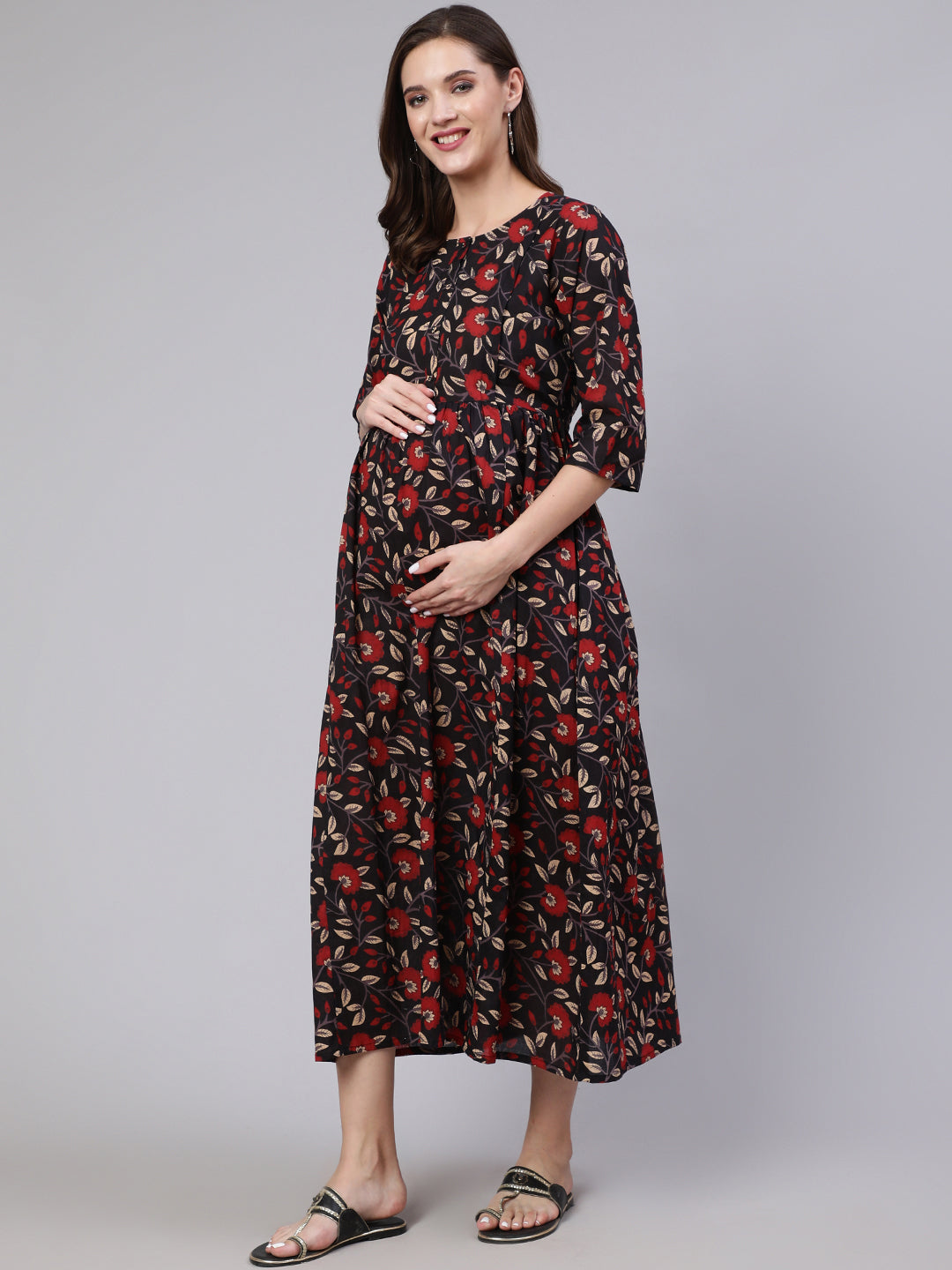 Women's Black Floral Printed Flared Maternity Dress - Nayo Clothing