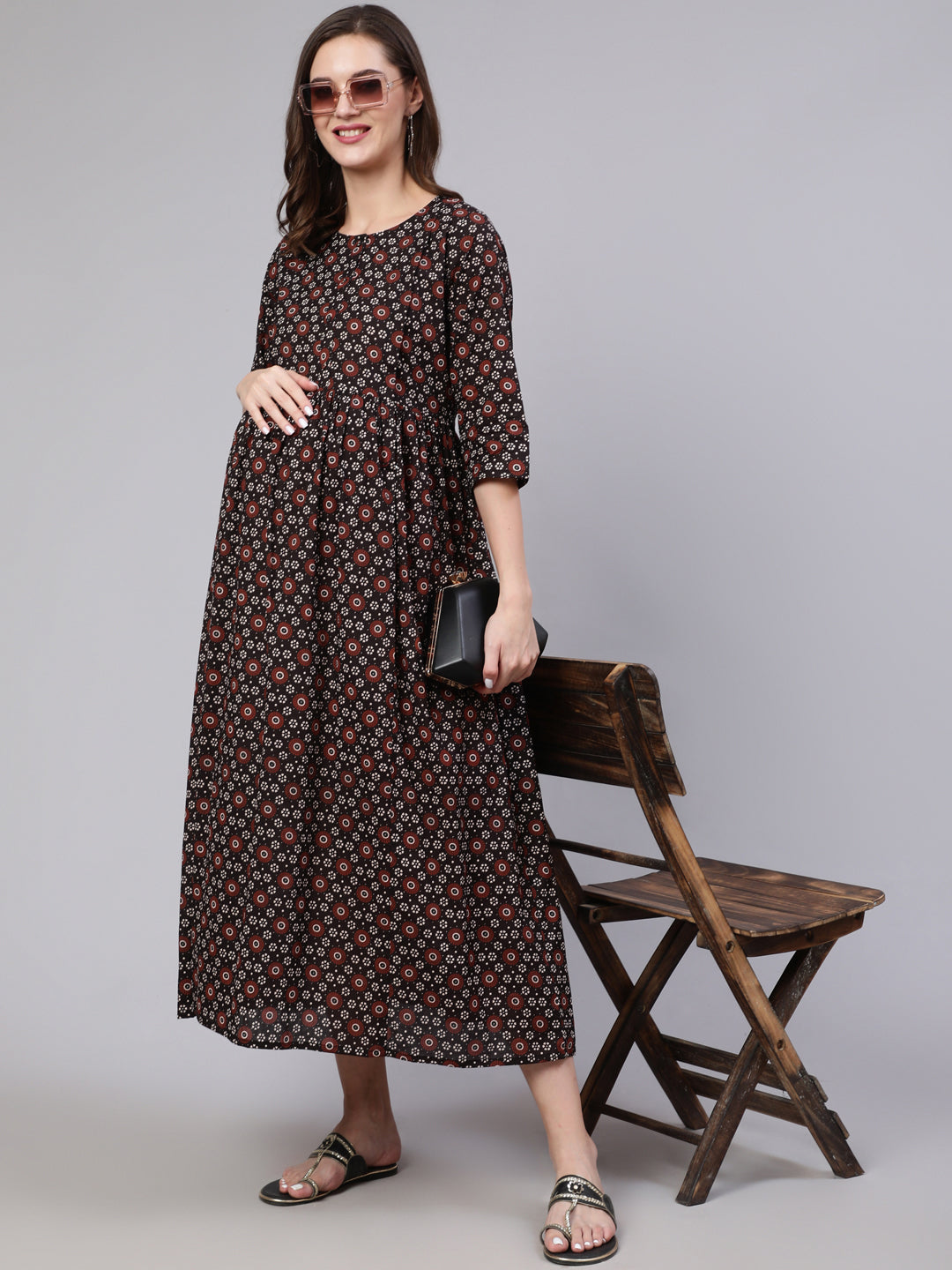 Women's Black Floral Printed Flared Maternity Dress - Nayo Clothing